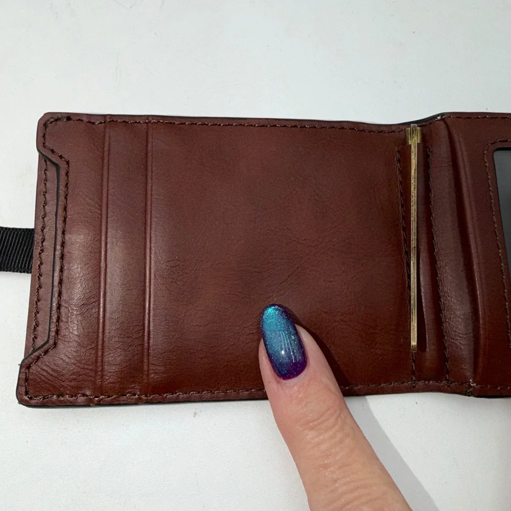 Fossil Mens Leather Bifold Money Clip Wallet Tropical Floral Print Black Brown